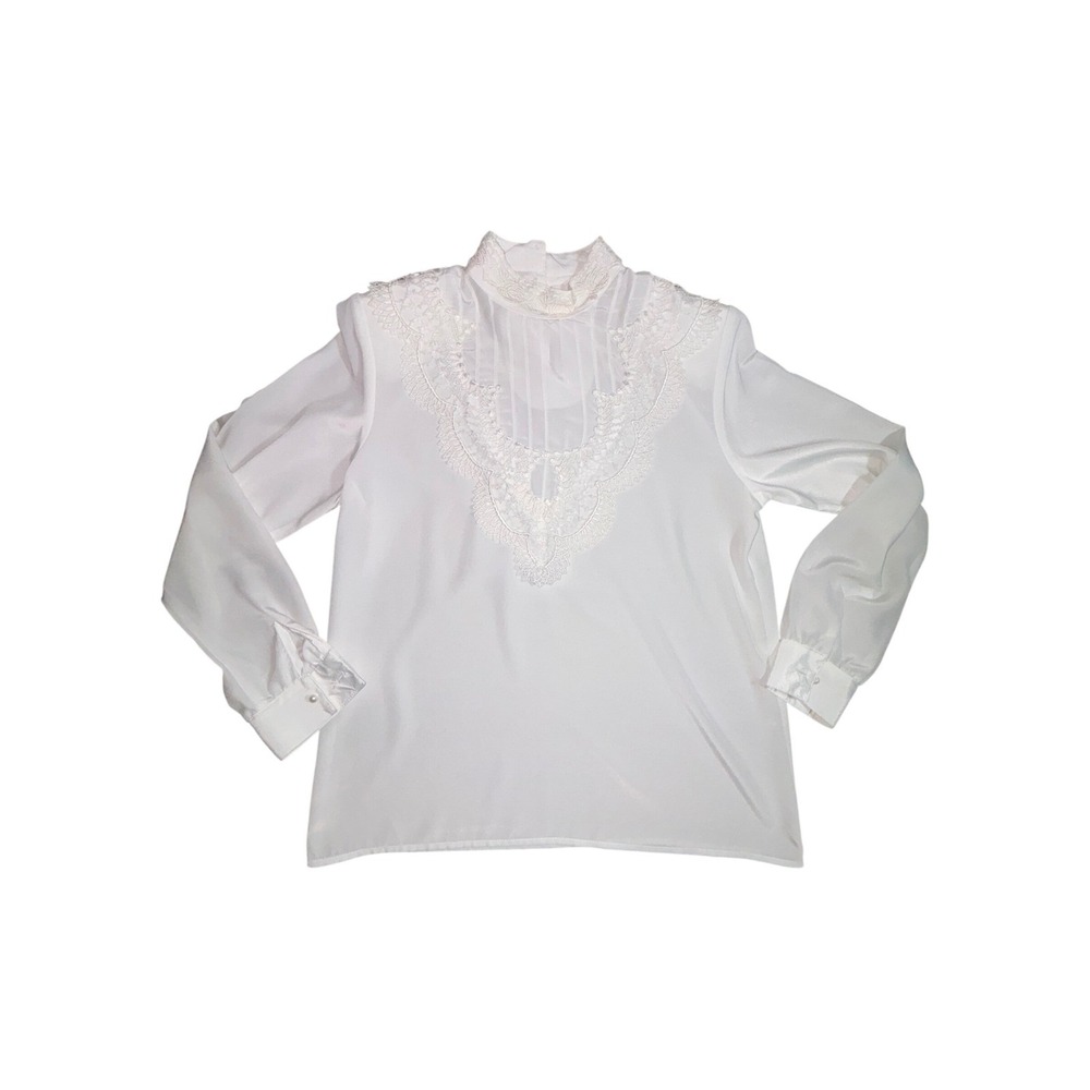 Vintage Eva Laurel 6P New York Petite Lace Pintuck Mock Neck Blouse Cottage